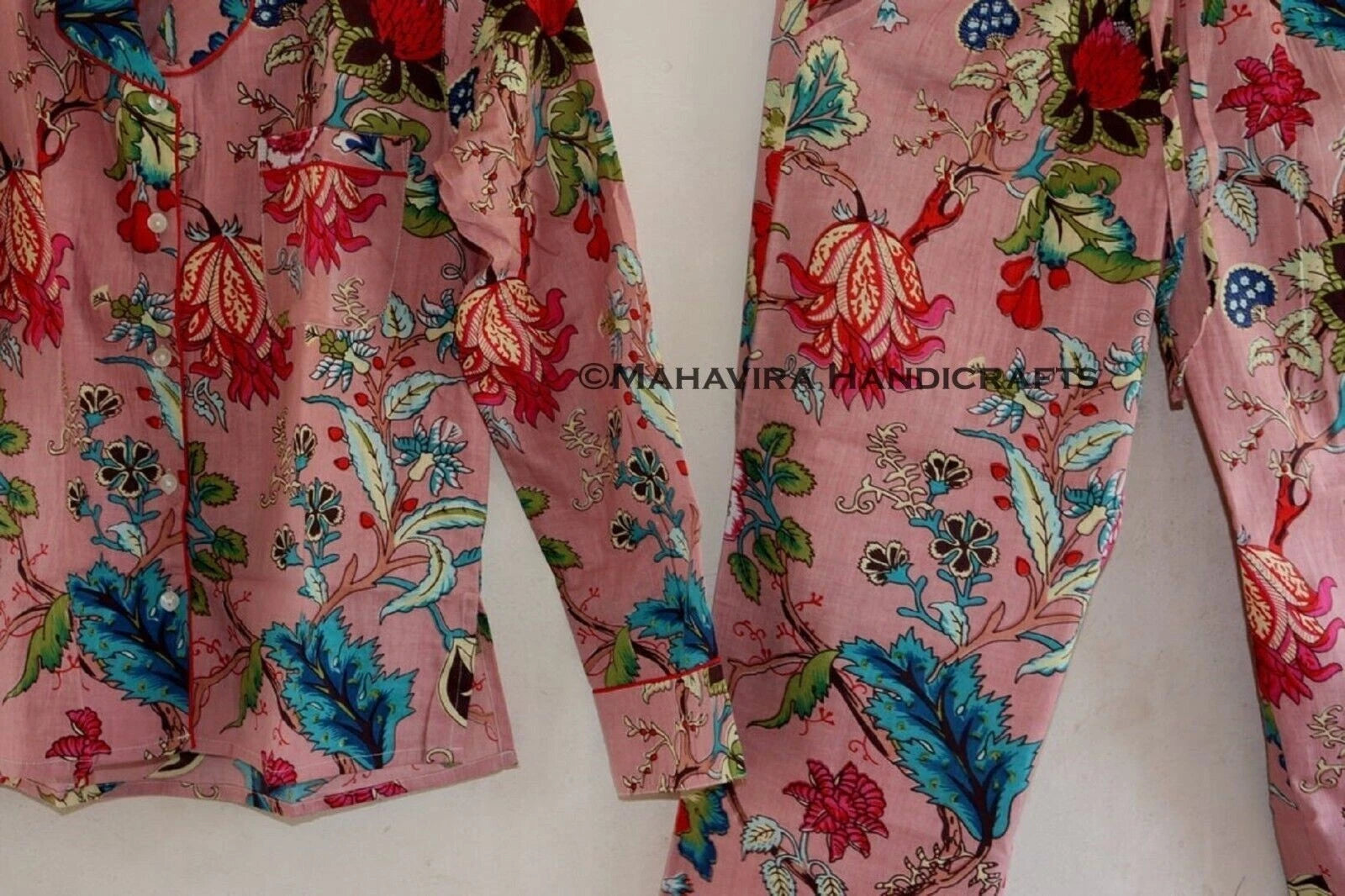 Cotton Rose Print Baby Pink hippie Christmas Sleepwear Elegant Women Pajama set