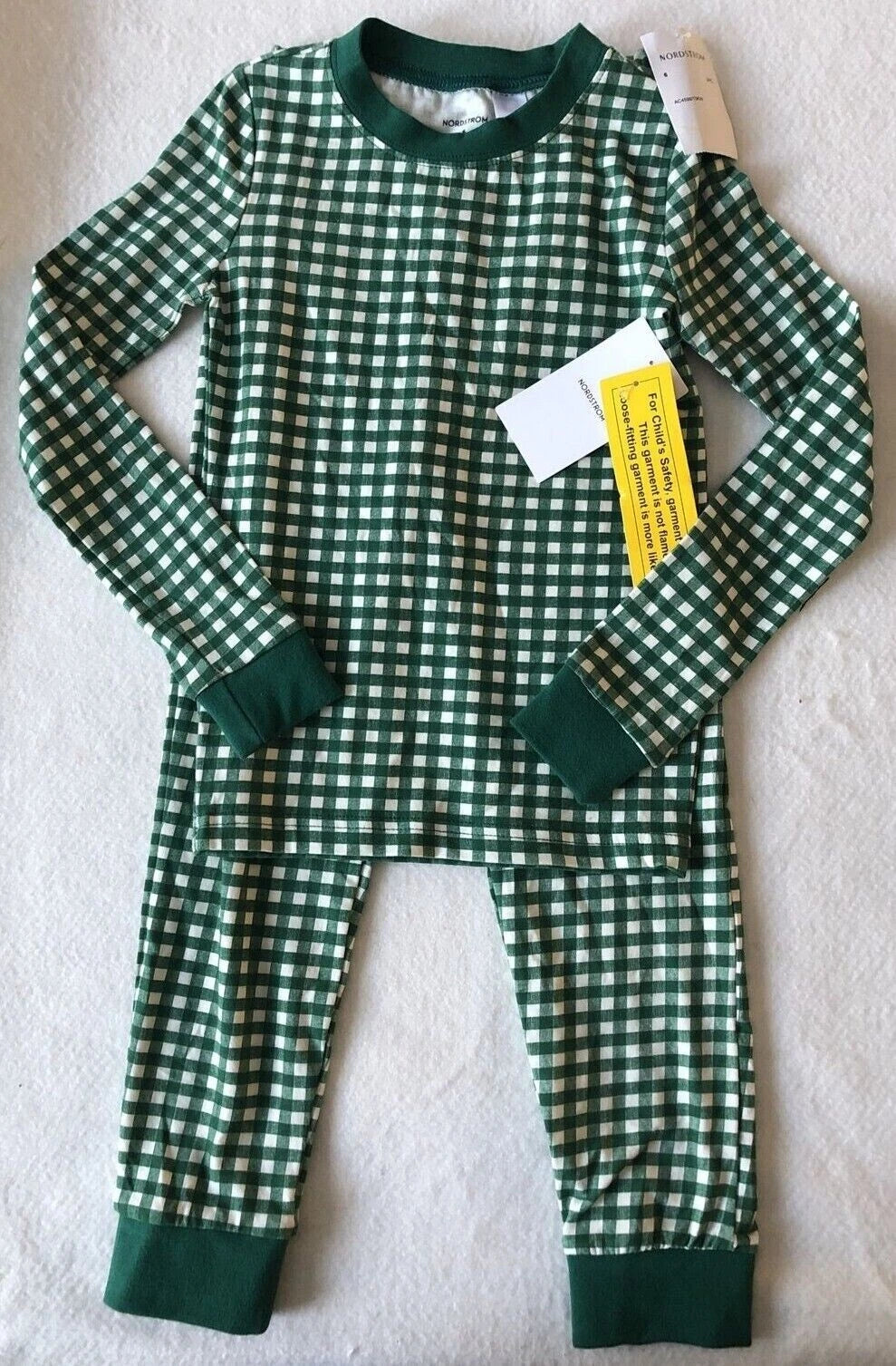 Nordstrom Kids Fitted Cotton Pajama Set in Green Evergreen Gingham Sizes 6, 7