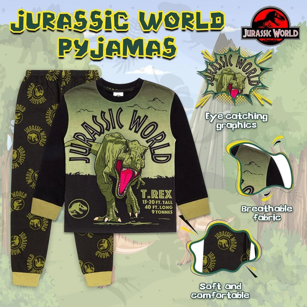 Jurassic World Boys Dinosaur Pyjamas Set T-Rex Character PJs Cotton Nightwear