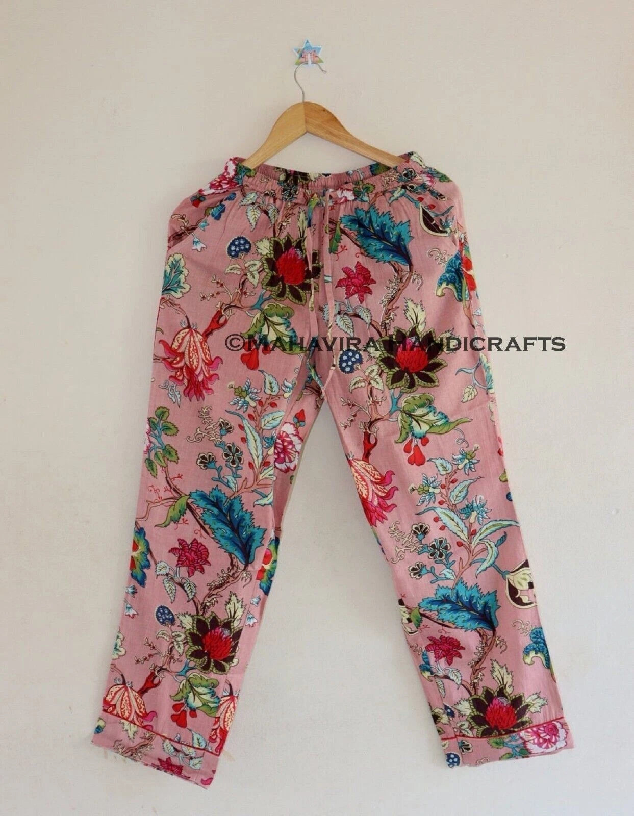Cotton Rose Print Baby Pink hippie Christmas Sleepwear Elegant Women Pajama set