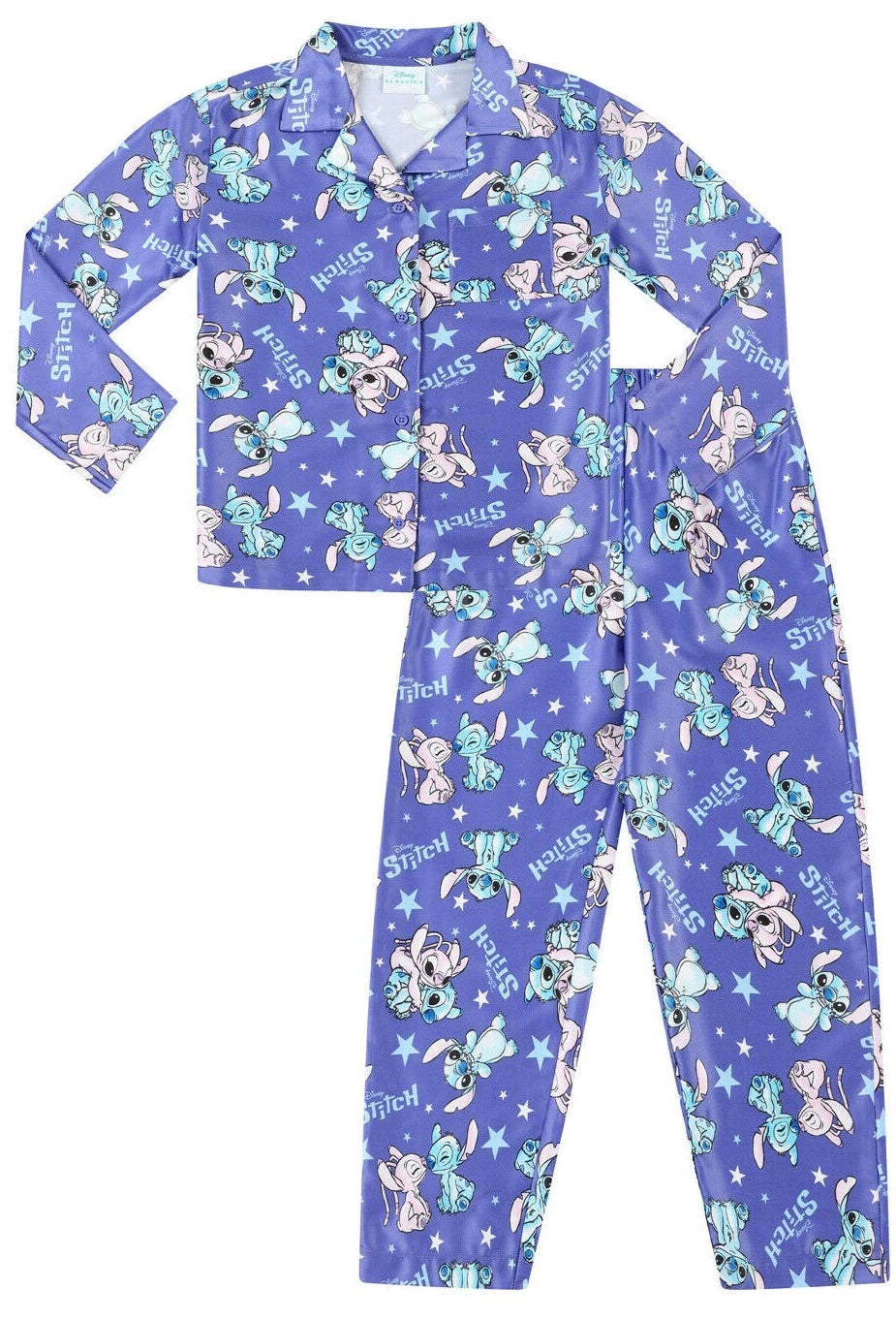 Disney Stitch And Angel Girls Long Purple Satin Pyjama Set for Kids