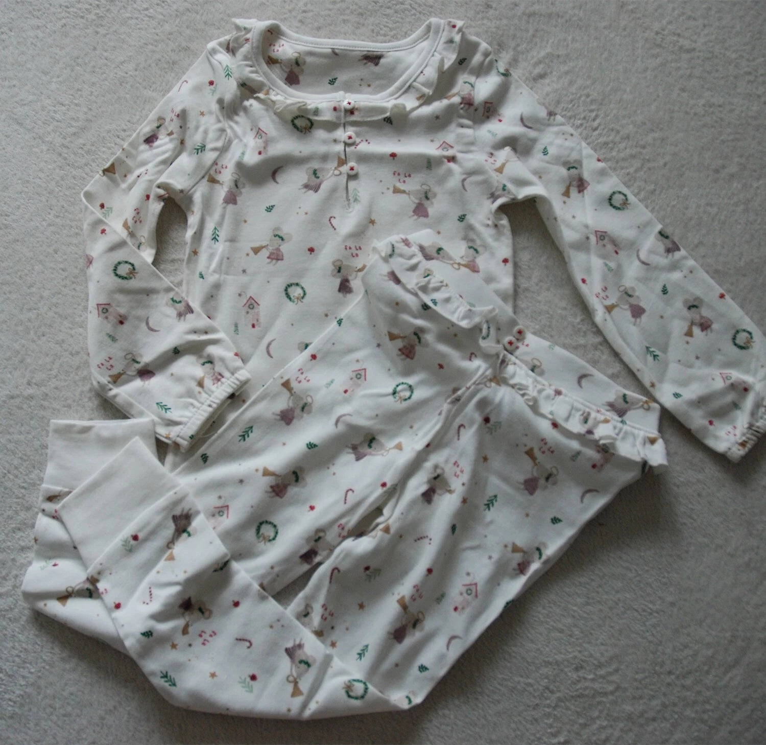 Kids 2PCS Pyjamas Set Cute Christmas Fairy Mouse Playing Trumpet 100% Cotton