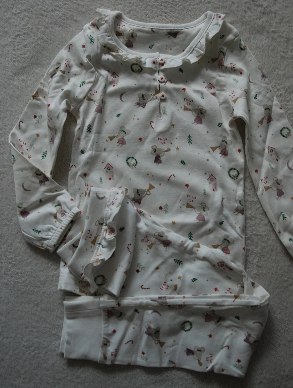 Kids 2PCS Pyjamas Set Cute Christmas Fairy Mouse Playing Trumpet 100% Cotton