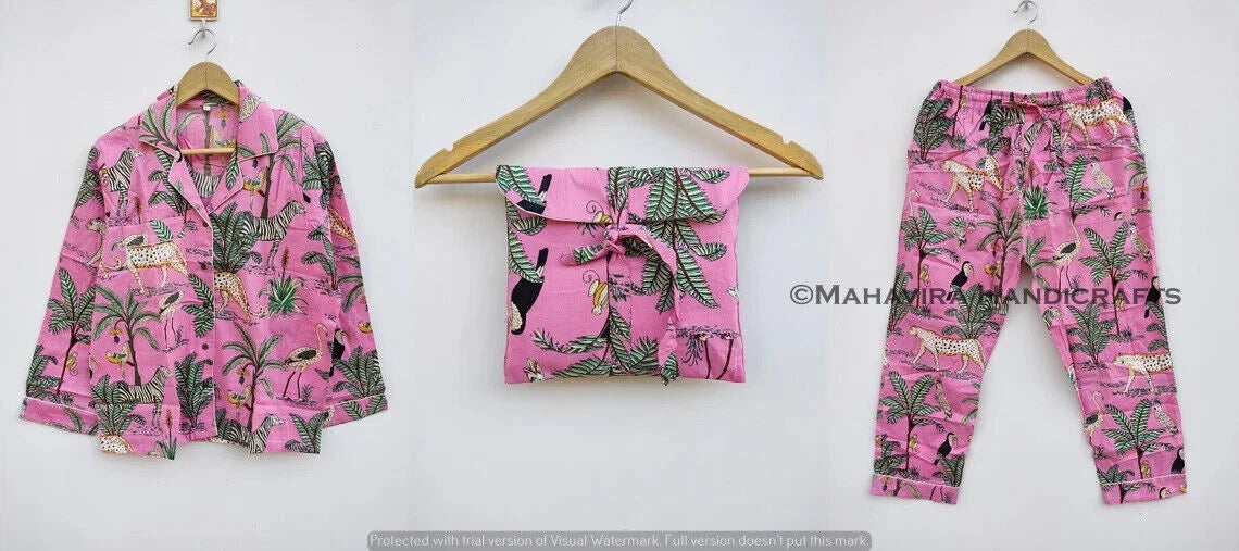 Indian Cotton Animal Print pink hippie Sleepwear gypsy Women Pajama set