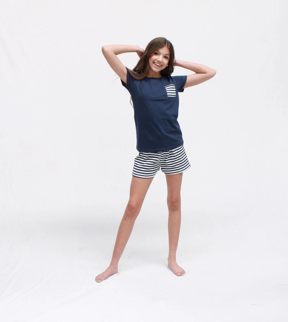 Girls Size 8 Navy Blue Stripe Summer Cotton Short Sleeve Pyjama Set - 2244