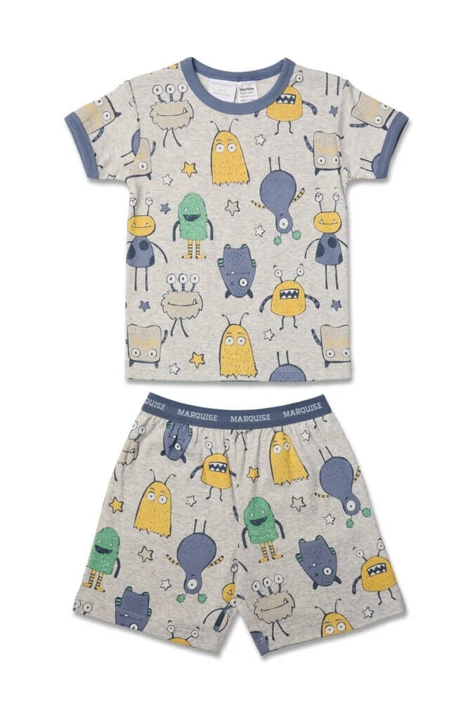 Boys Size 4-10 Marquise Grey Monsters Print Short Sleeve Cotton Pyjama Set