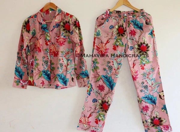 Cotton Rose Print Baby Pink hippie Christmas Sleepwear Elegant Women Pajama set