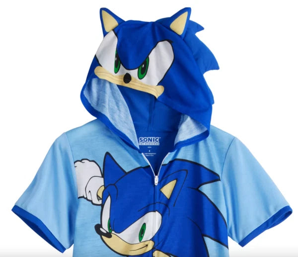 Boys Sonic the Hedgehog One Piece Pajamas Hoodie Union Suit Costume 4 6 8 10 NEW