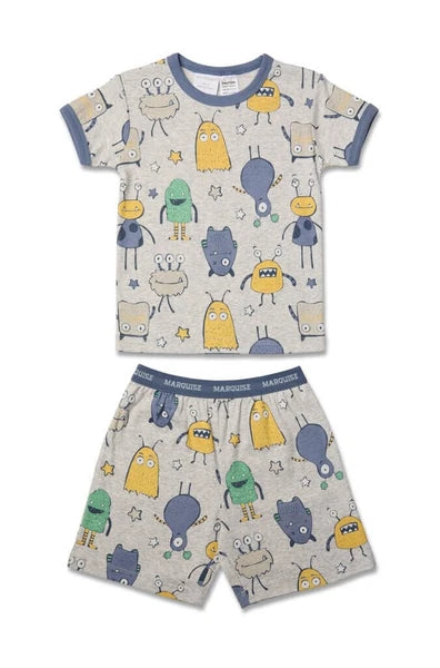 Boys Size 4-10 Marquise Grey Monsters Print Short Sleeve Cotton Pyjama Set