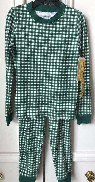 Nordstrom Kids Fitted Cotton Pajama Set in Green Evergreen Gingham Sizes 6, 7