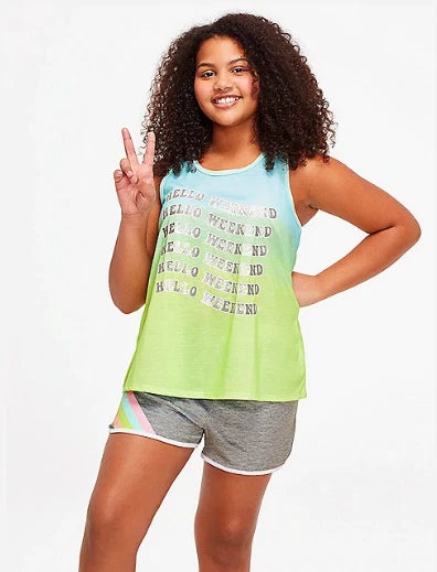 *NWT* JUSTICE GIRLS SIZE 8 HELLO WEEKEND GREEN BLUE OMBRE TOP N SHORTS PAJAMAS
