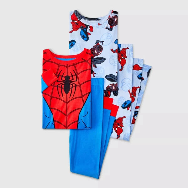 Spider-Man Boys 4 Piece Long Sleeve Cotton Snug Fit Pajamas, Size 8 - New