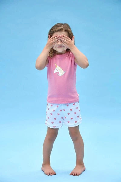 Girls Size 5-8 Huckleberry Pink Unicorn Summer Cotton Short Sleeve Pyjama Set