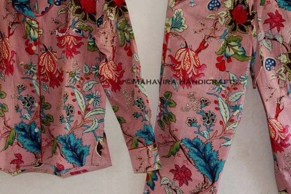 Cotton Rose Print Baby Pink hippie Christmas Sleepwear Elegant Women Pajama set
