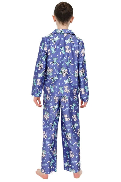 Disney Stitch And Angel Girls Long Purple Satin Pyjama Set for Kids
