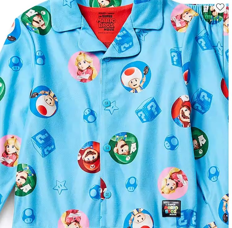 Super Mario and Characters Boy's Blue Button Down Flannel Pajama Set