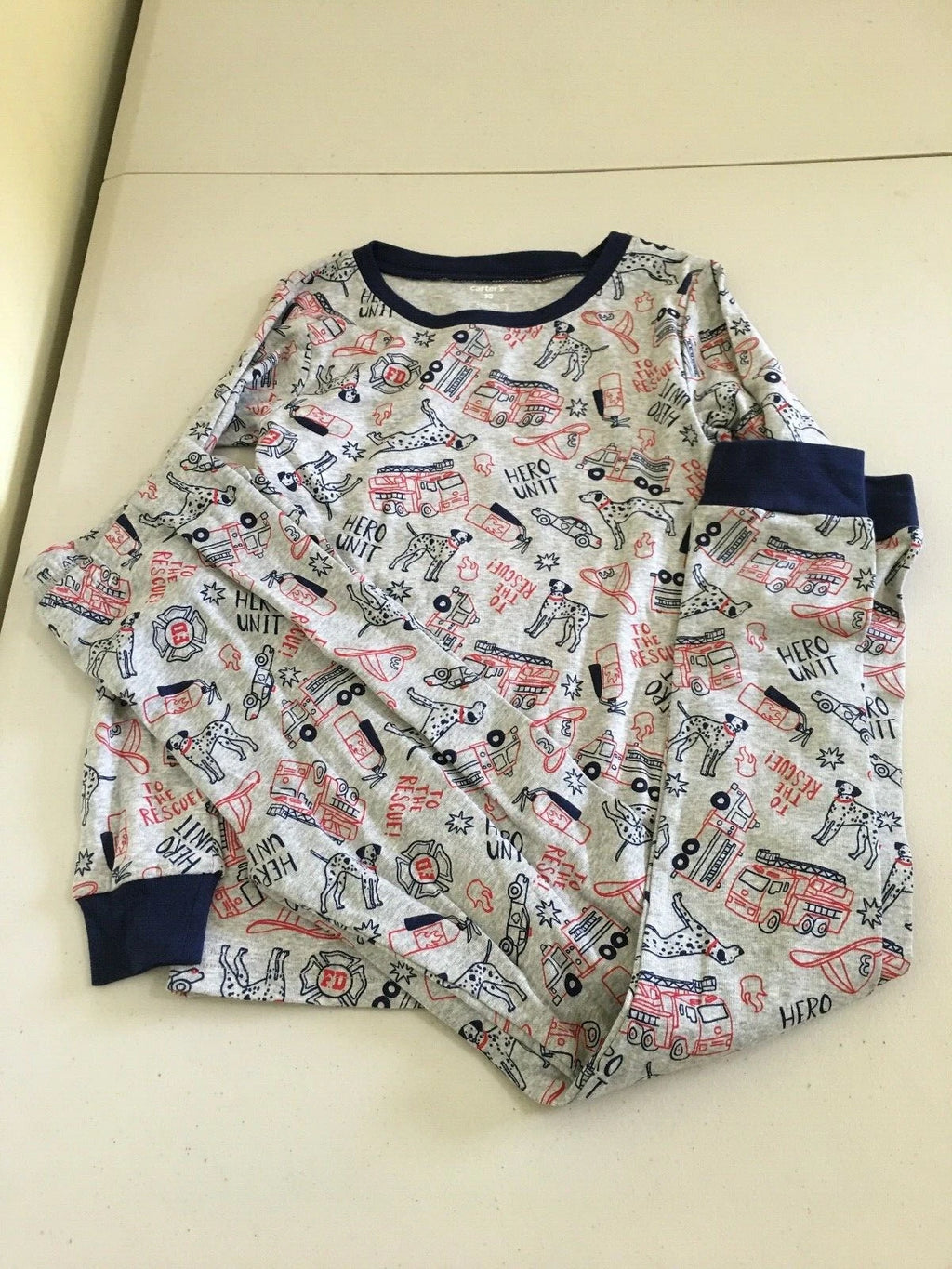 New Carter's Boys Firetruck Pajama set Gray Snug Fit Long Sleeve Pants