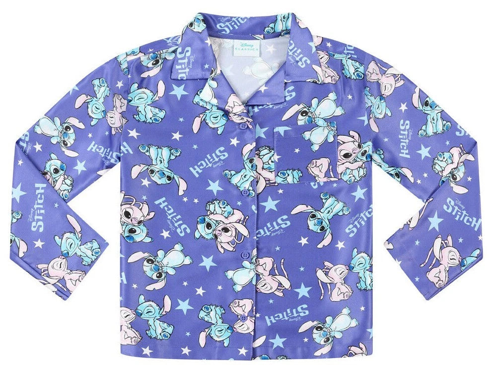 Disney Stitch And Angel Girls Long Purple Satin Pyjama Set for Kids