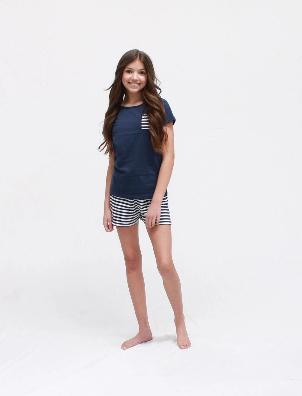 Girls Size 8 Navy Blue Stripe Summer Cotton Short Sleeve Pyjama Set - 2244