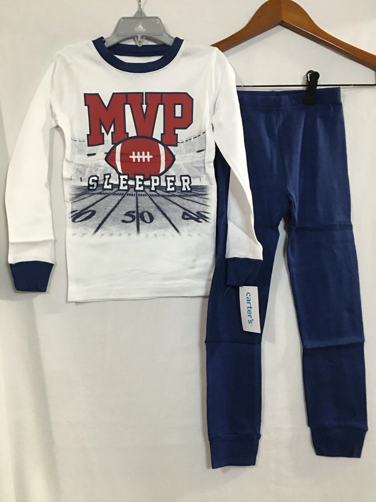New Carter's Boys MVP Football Pajama set Snug Fit Long Sleeve  Sz 5 Navy White