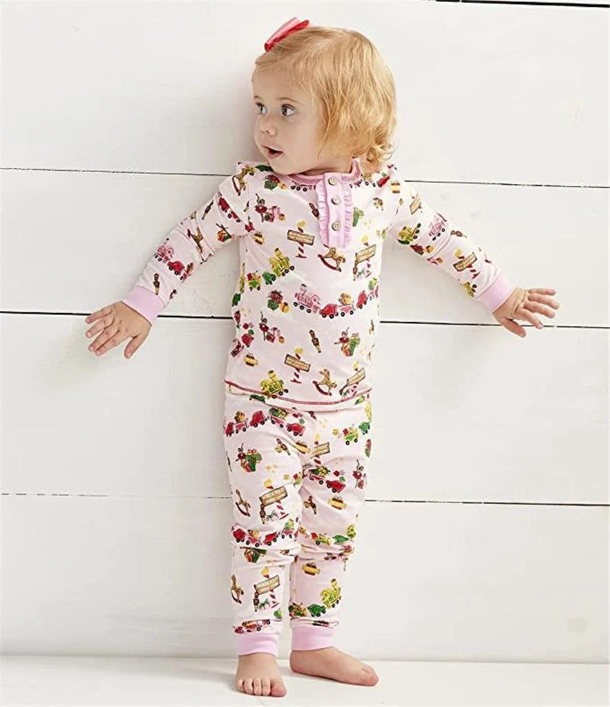 Mud Pie Kids Santa's North Pole Toyland Print Pink Christmas 2 Pc Pajama Set