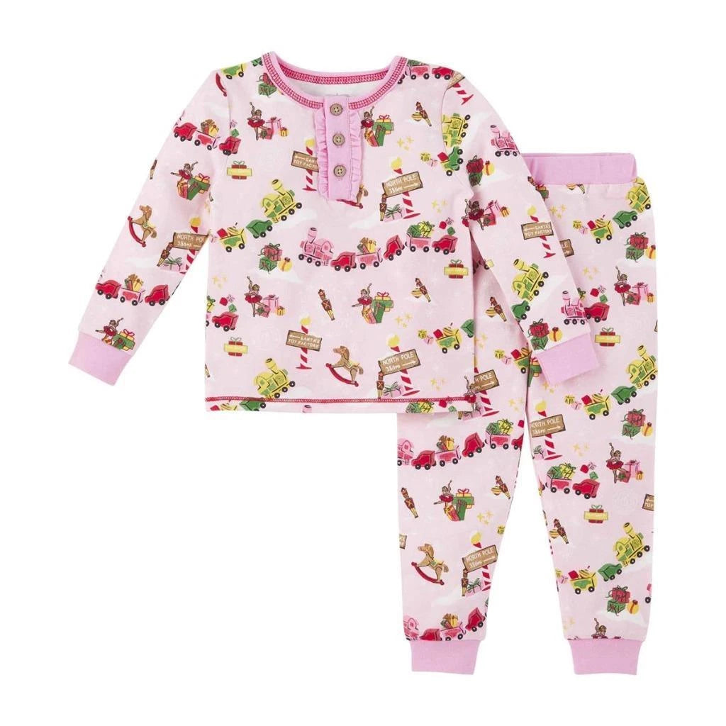 Mud Pie Kids Santa's North Pole Toyland Print Pink Christmas 2 Pc Pajama Set