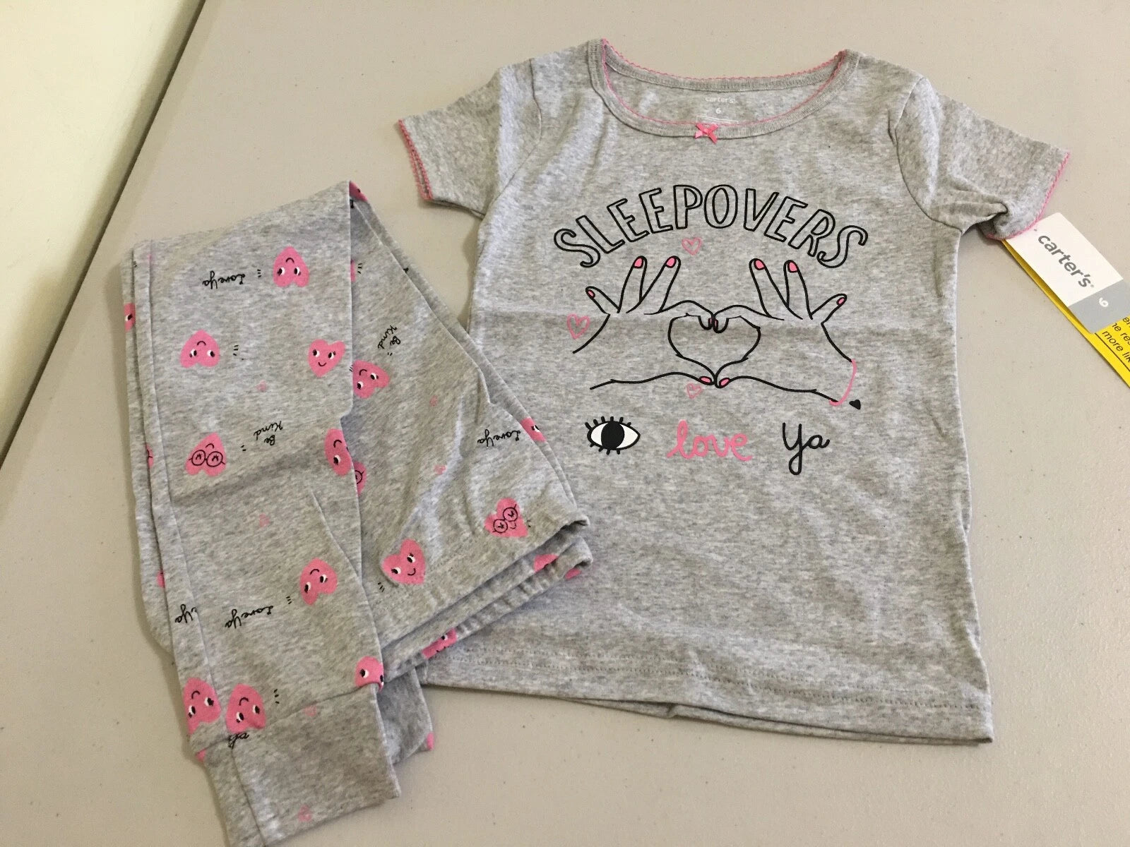 New Carter's Girls Gray Heart Pajama Set Sleepover Short Sleeve Long Pants 4,5,6