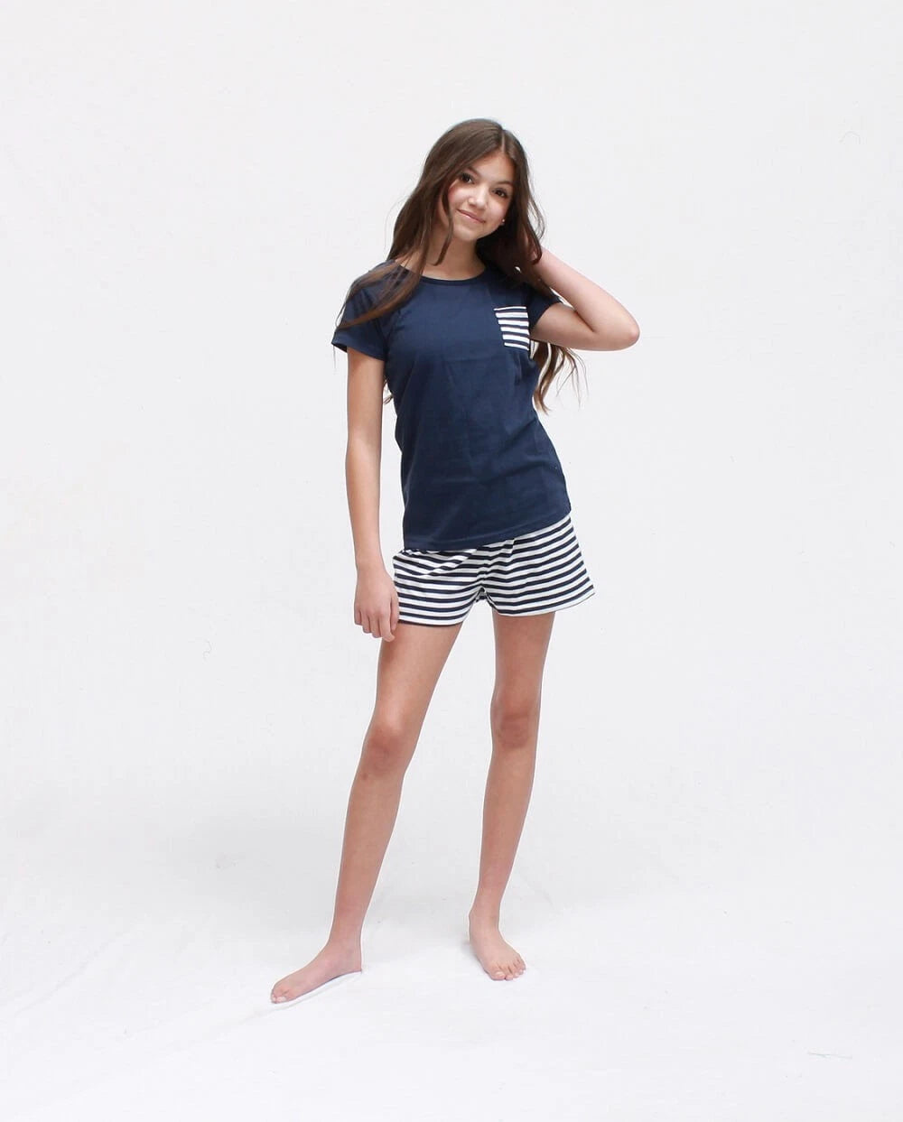 Girls Size 8 Navy Blue Stripe Summer Cotton Short Sleeve Pyjama Set - 2244