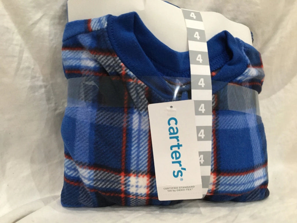 New Carter's  Boy 1-Piece Blue Plaid Fleece Footie Pajamas Size 4 Christmas