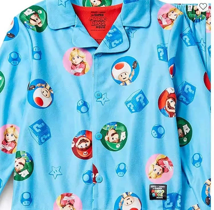 Super Mario and Characters Boy's Blue Button Down Flannel Pajama Set