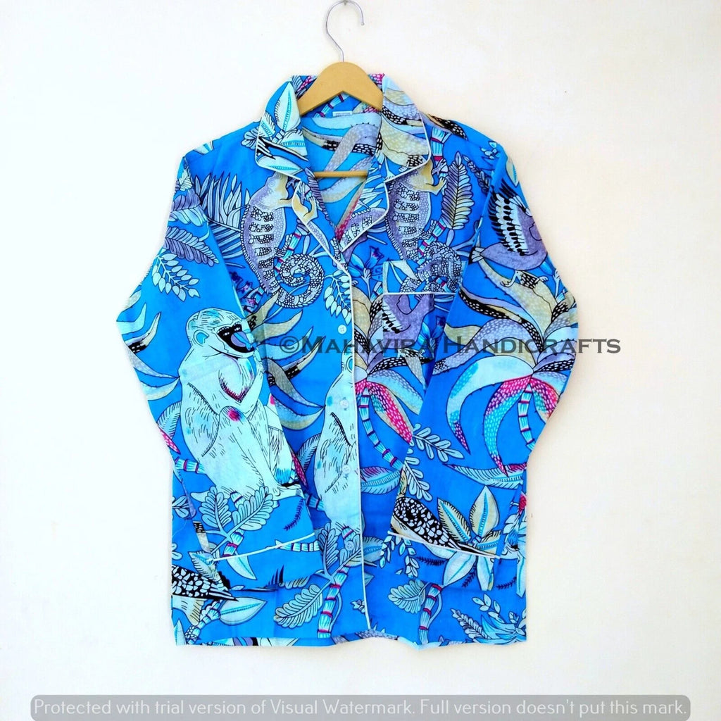 Indian Cotton Monkey Print Turquoise hippie Sleepwear gypsy Women Pajama set