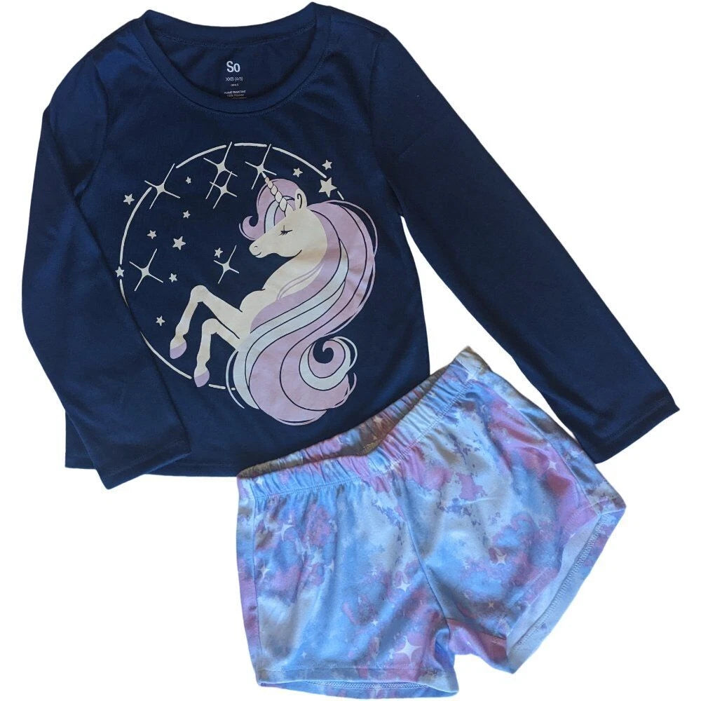 New/NWT SO® Girls Unicorn Graphic Print Comfy Top & Shorts Pajama Set