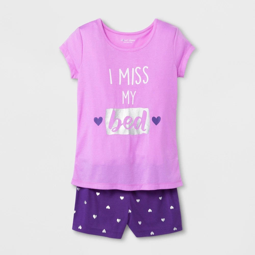 Planet Sleep Girls Purple 2 Piece Pajama Short Set 4-5 XS, 6-6X Small