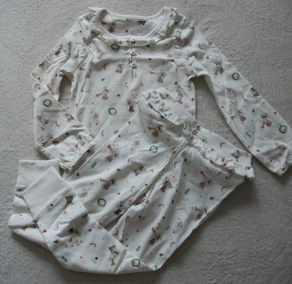 Kids 2PCS Pyjamas Set Cute Christmas Fairy Mouse Playing Trumpet 100% Cotton