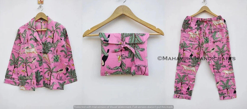 Indian Cotton Animal Print pink hippie Sleepwear gypsy Women Pajama set