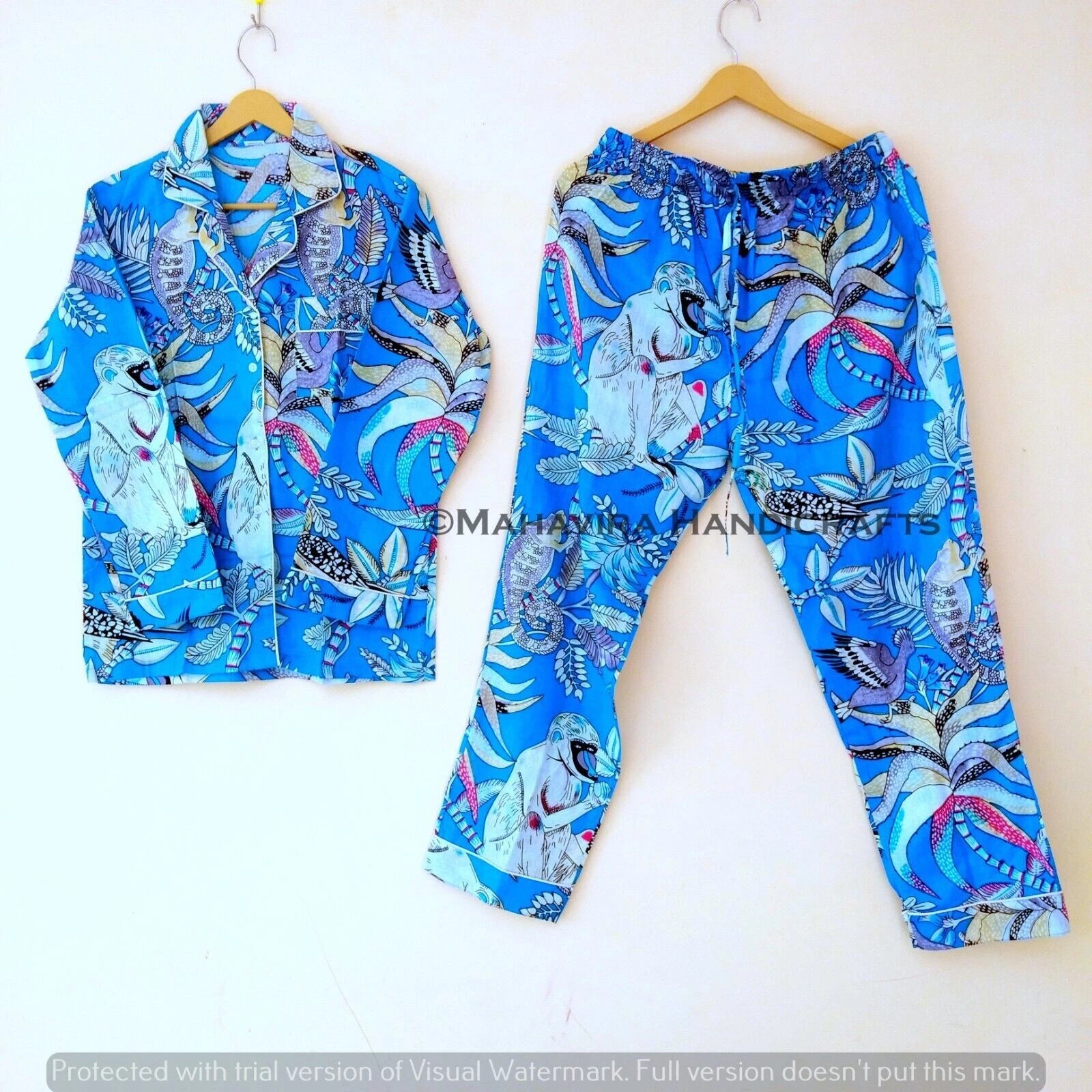 Indian Cotton Monkey Print Turquoise hippie Sleepwear gypsy Women Pajama set