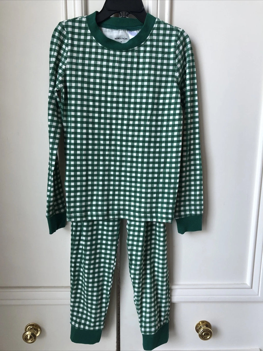 Nordstrom Kids Fitted Cotton Pajama Set in Green Evergreen Gingham Sizes 6, 7
