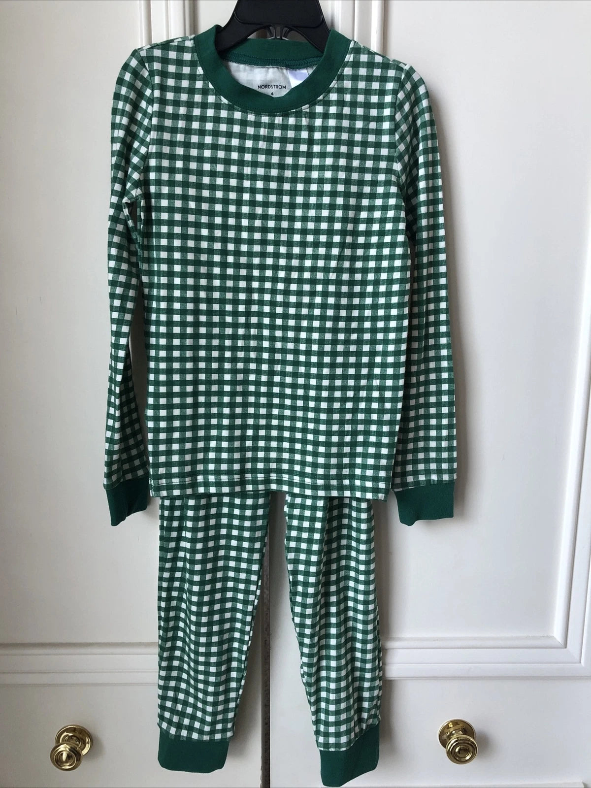 Nordstrom Kids Fitted Cotton Pajama Set in Green Evergreen Gingham Sizes 6, 7