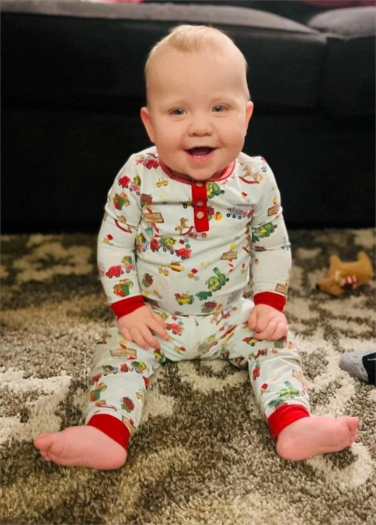 Mud Pie Kids Santa's North Pole Toyland Print Blue Christmas 2 Pc Pajama Set