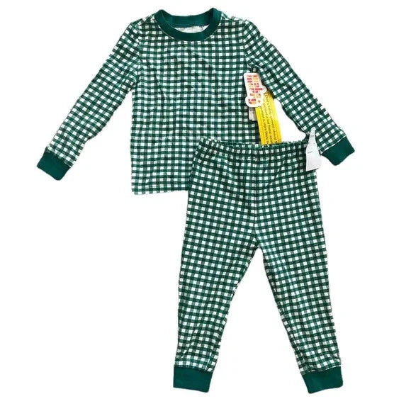 Nordstrom Kids Fitted Cotton Pajama Set in Green Evergreen Gingham Sizes 6, 7