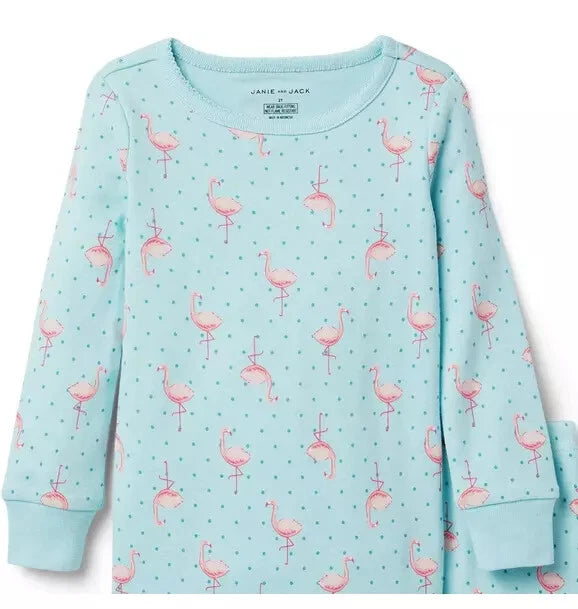 NEW Janie & Jack 2 PC Pink Flamingo Pajama SET Long Sleeve Blue COTTON PJ 4