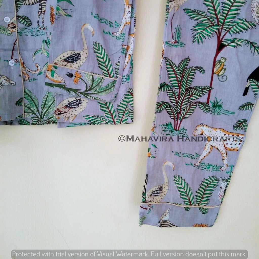 Indian Cotton Animal Print Gray hippie Sleepwear gypsy Women Pajama set