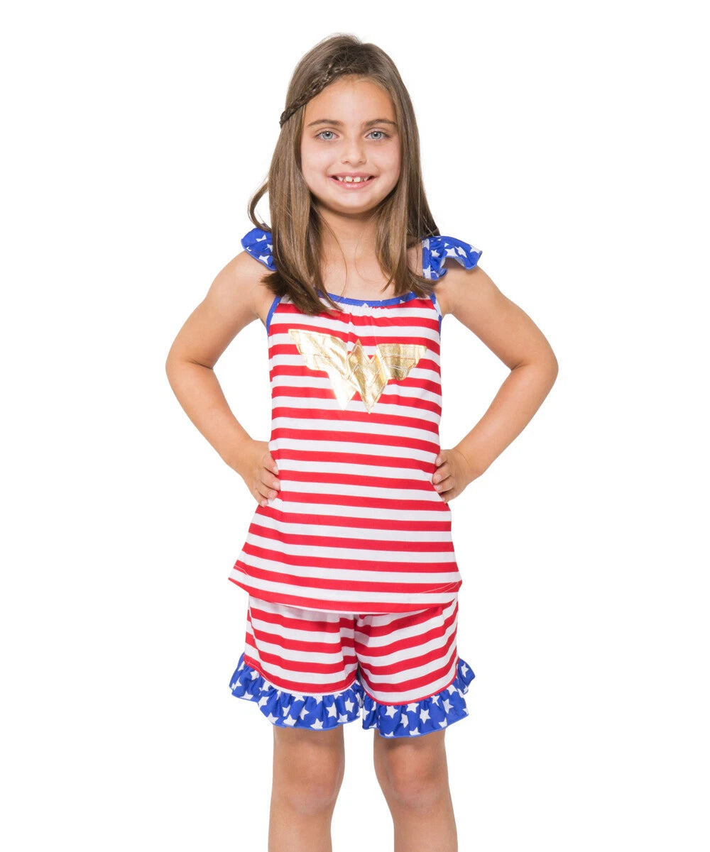 NWT Wonder Woman Girls Sleeveless Red Striped Pajamas Set 4-5 6 7-8 10-12