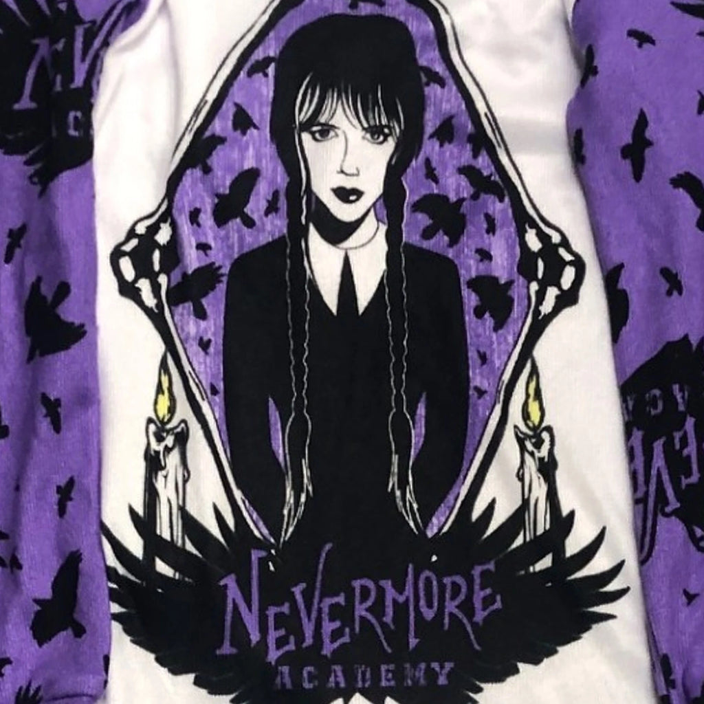 Nevermore Academy Girls Purple Knit Wednesday Adams Sleep Set Pajamas