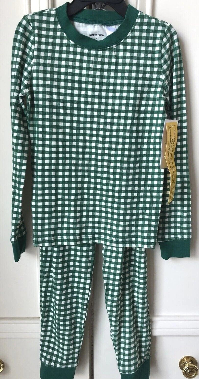Nordstrom Kids Fitted Cotton Pajama Set in Green Evergreen Gingham Sizes 6, 7