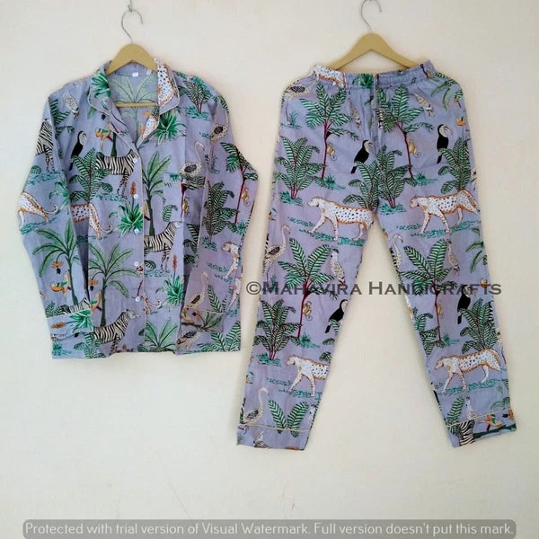 Indian Cotton Animal Print Gray hippie Sleepwear gypsy Women Pajama set
