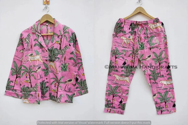 Indian Cotton Animal Print pink hippie Sleepwear gypsy Women Pajama set