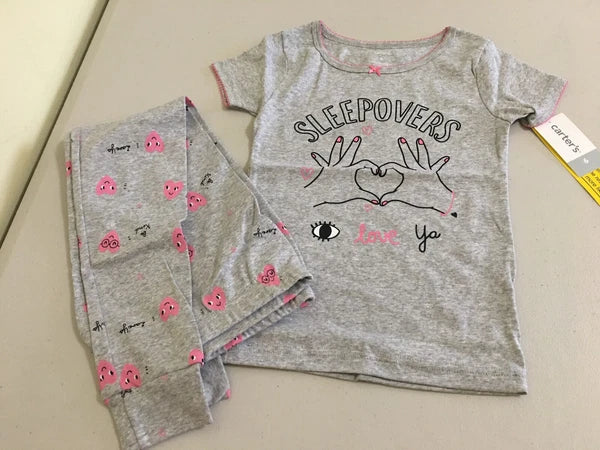 New Carter's Girls Gray Heart Pajama Set Sleepover Short Sleeve Long Pants 4,5,6