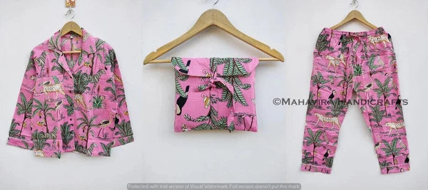 Indian Cotton Animal Print pink hippie Sleepwear gypsy Women Pajama set