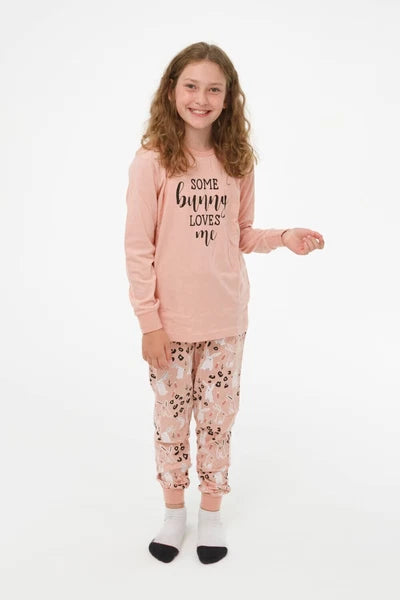 Girls Size 8-14 Dusty Pink Bunny Winter Cotton Long Sleeve Pyjama Set - 2107